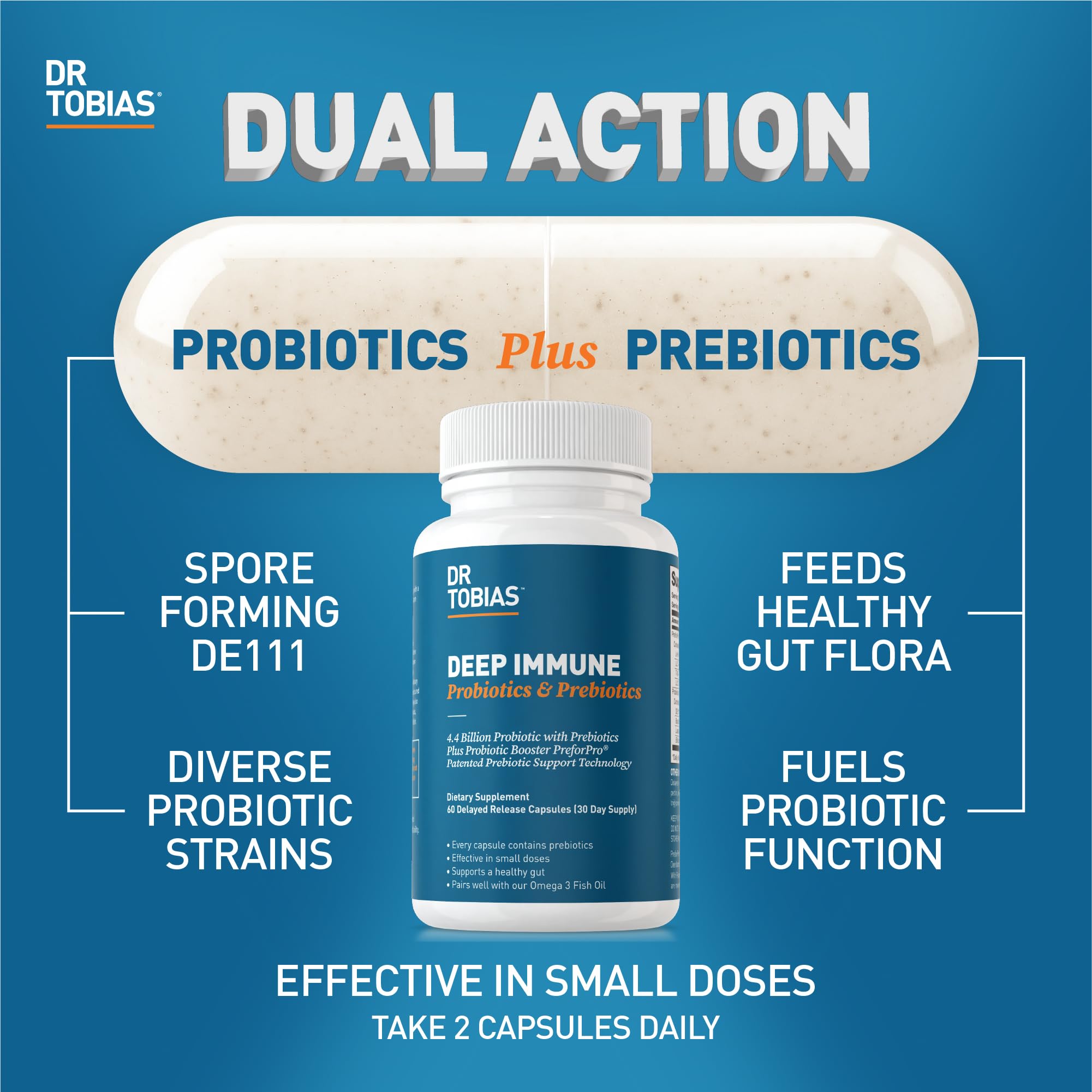 Close-up of probiotic capsules and bottle