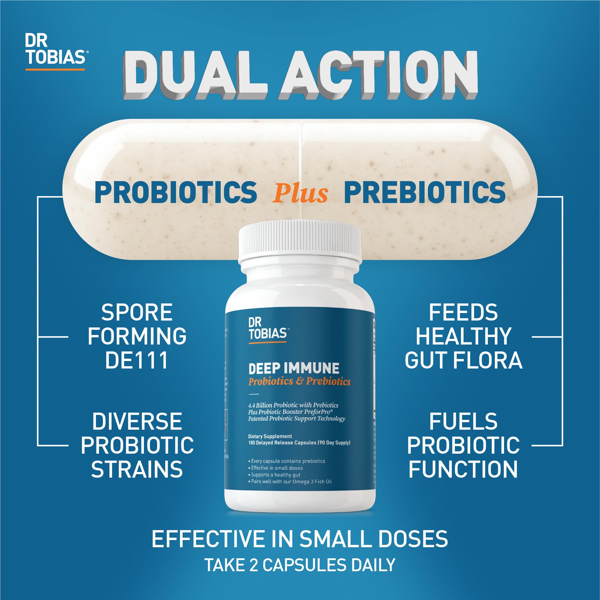 Close-up of Dr. Tobias Deep Immune Probiotics bottle showing 180 capsules