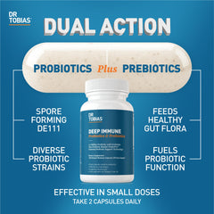 Close-up of Dr. Tobias Deep Immune Probiotics bottle showing 180 capsules
