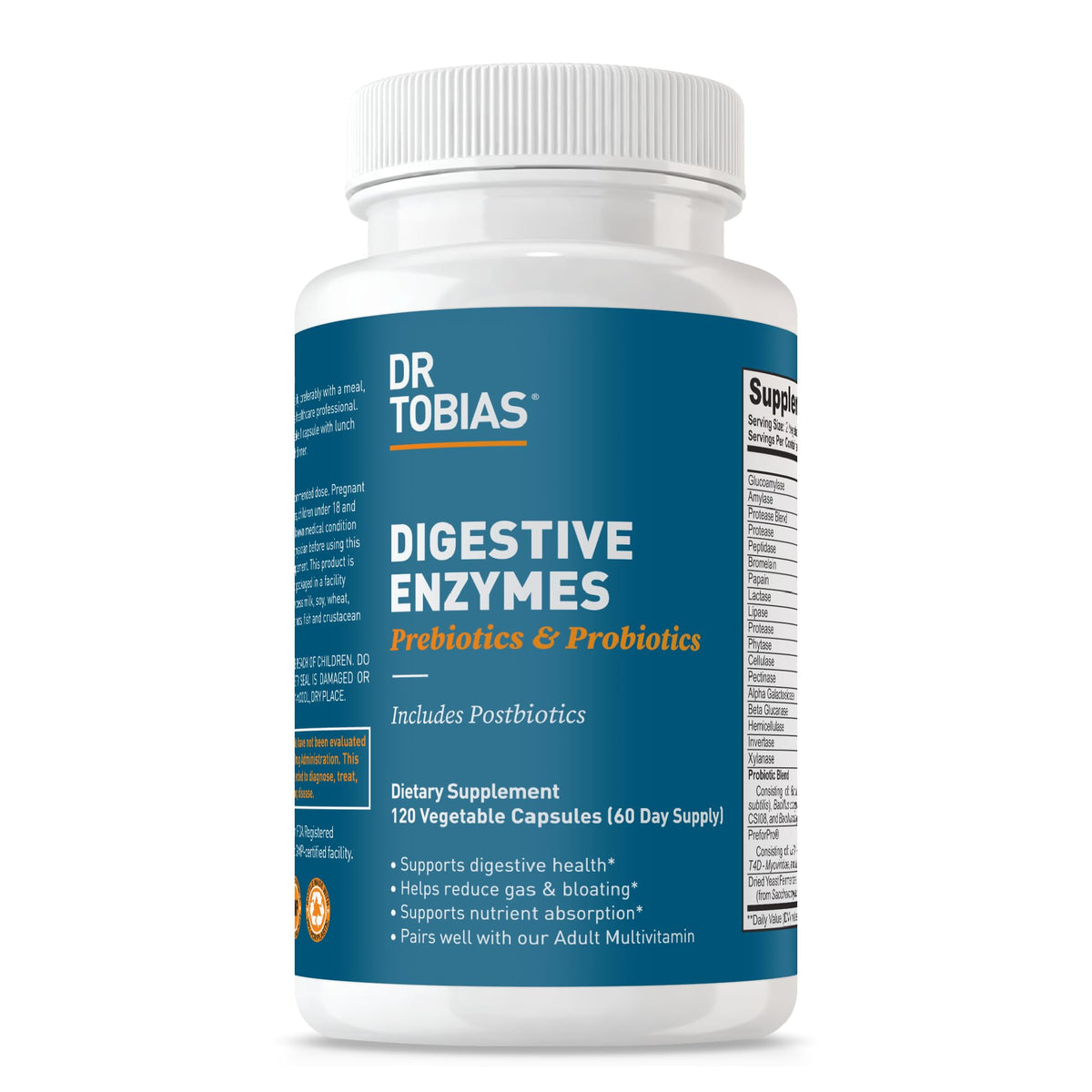 Dr. Tobias Digestive Enzymes bottle label with 120 capsules