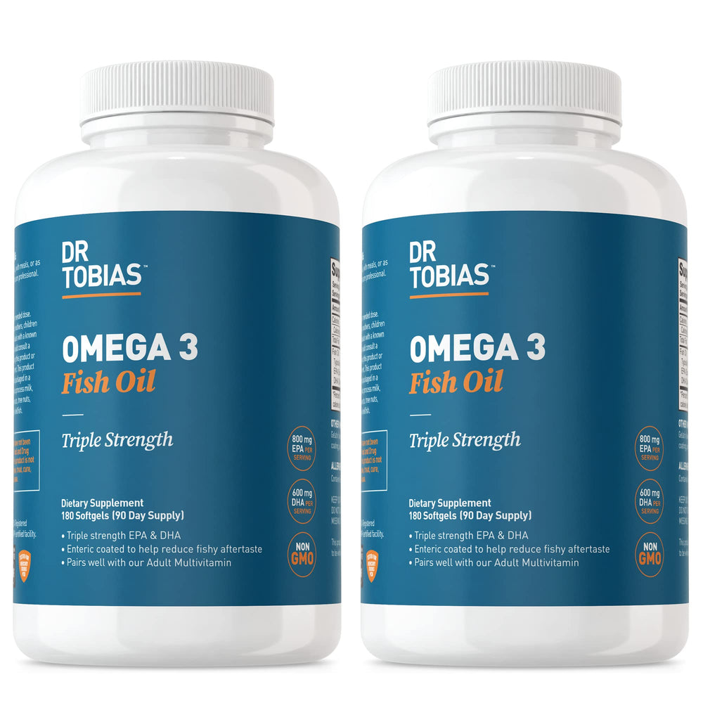 Dr. Tobias Omega 3 triple-strength bottle on shelf emphasizing potent formula for daily use.
