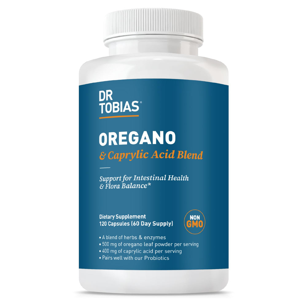 Bottle label for Dr. Tobias Oregano & Caprylic Acid Blend