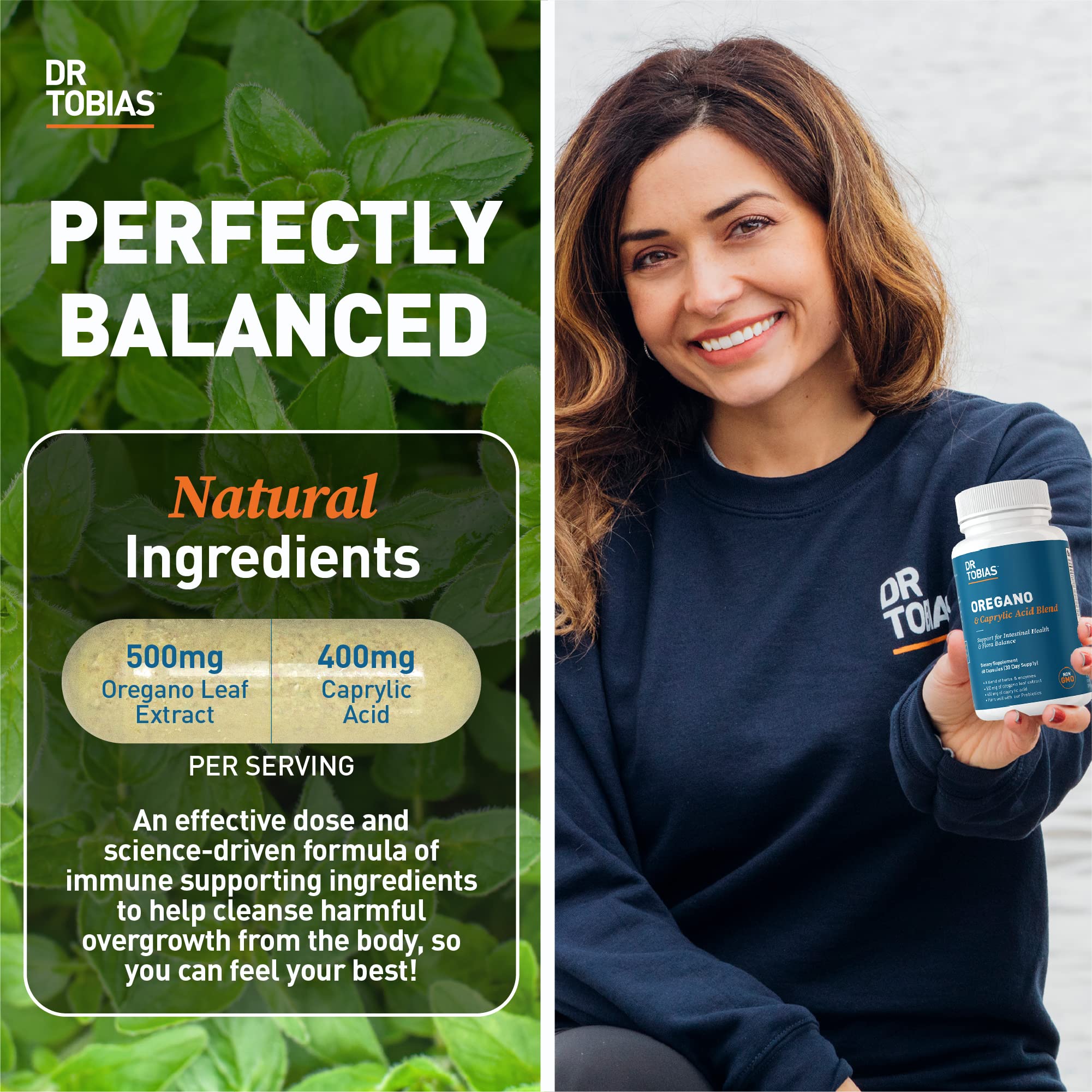 Oregano oil capsules and caprylic acid capsules with green leaf
