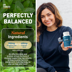 Oregano oil capsules and caprylic acid capsules with green leaf