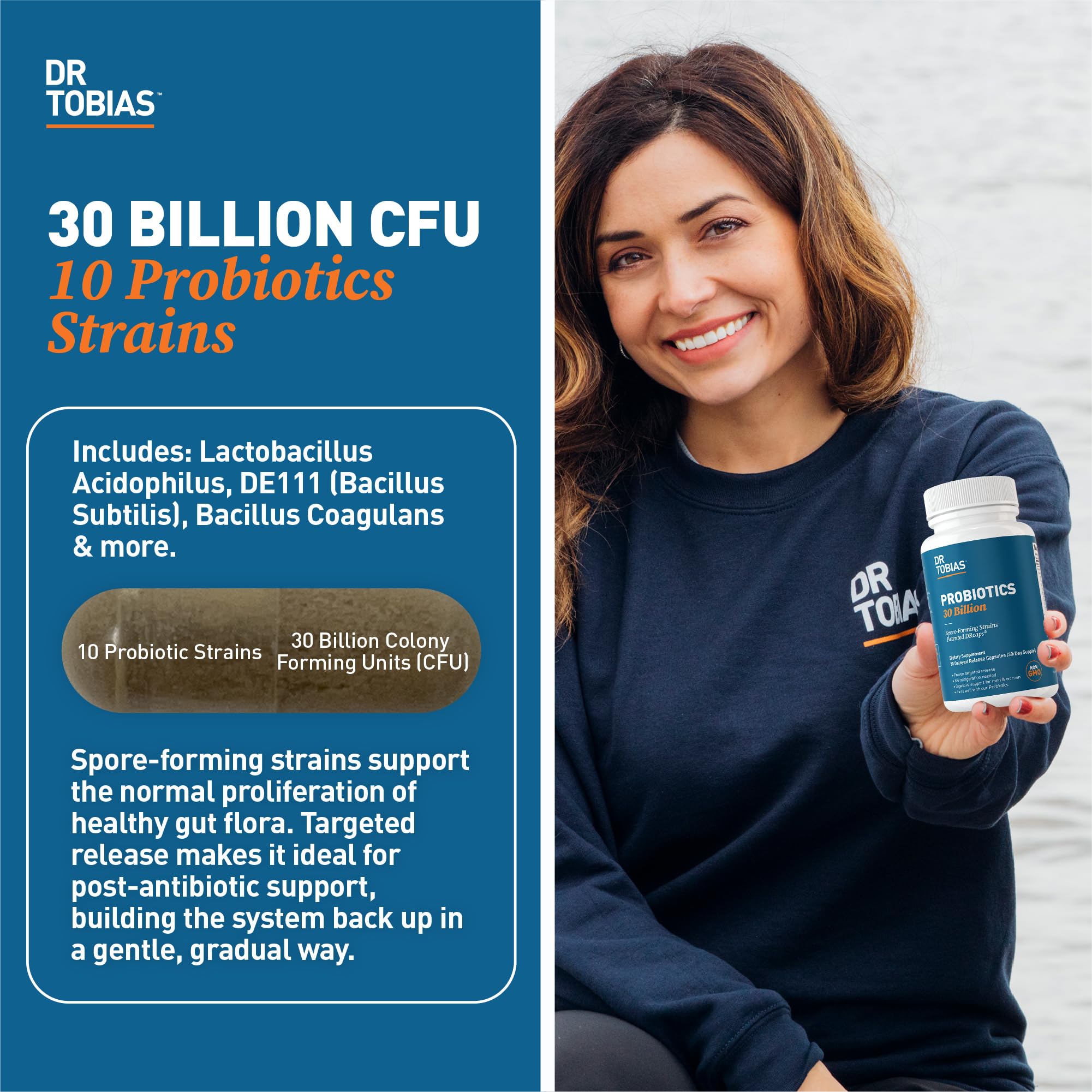 Back of Dr. Tobias Probiotics bottle showing supplement facts