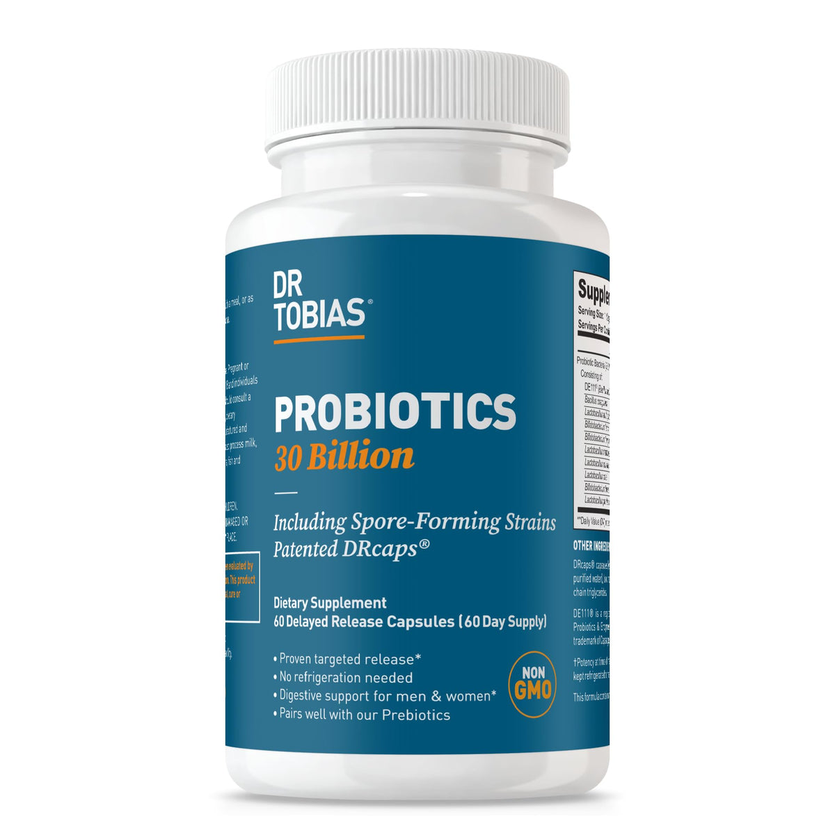 Bottle of Dr. Tobias Probiotics with 60 capsules front view