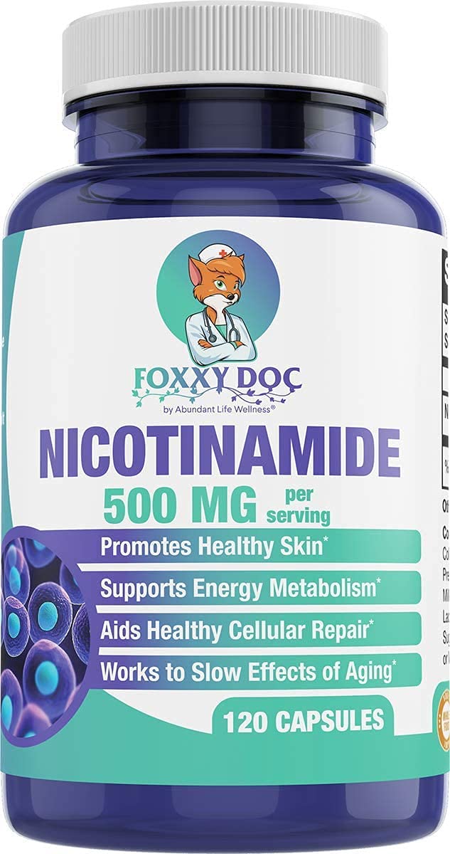 Front packaging of Foxxy Doc Nicotinamide 500 mg vegan capsules