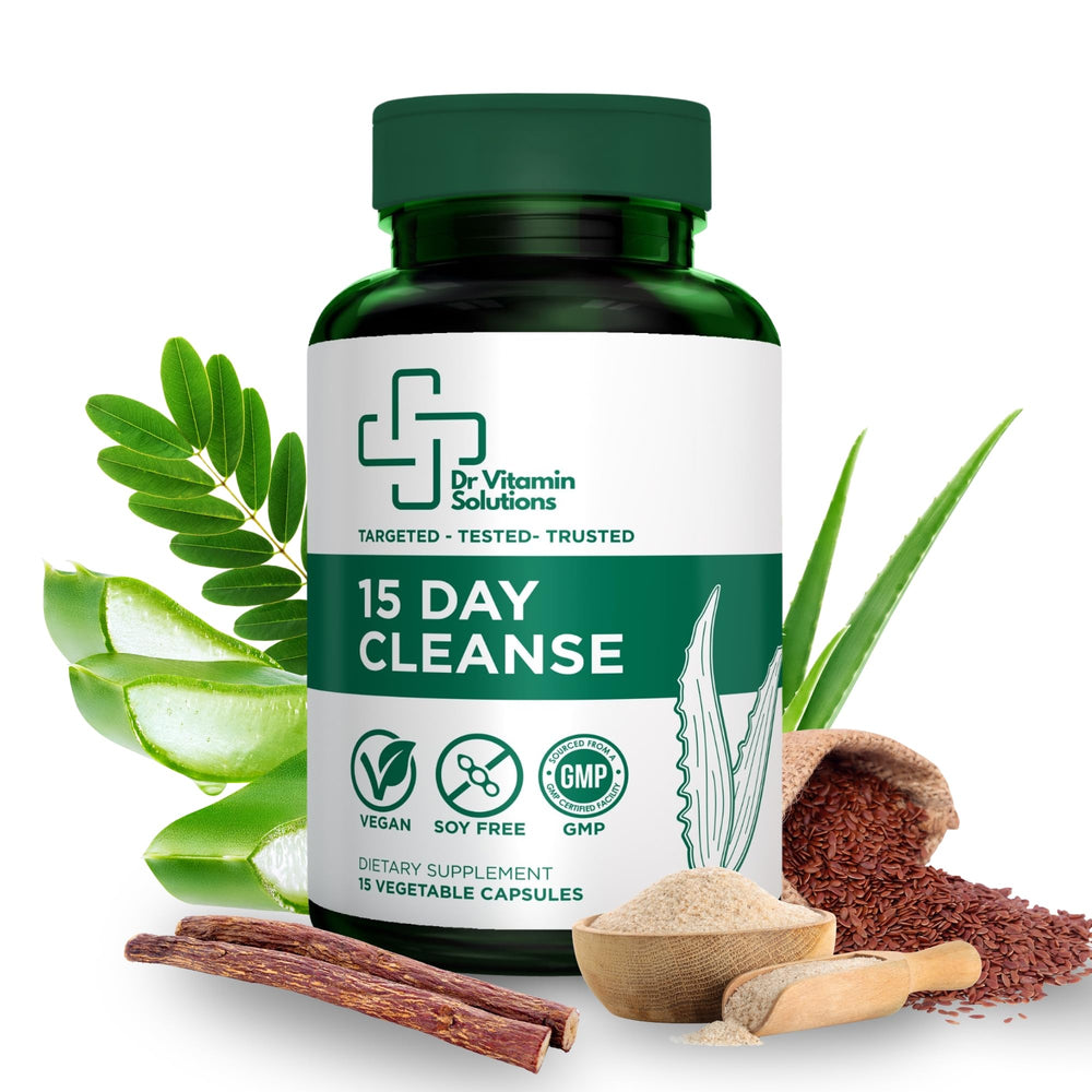 DR VITAMIN SOLUTIONS 15 Day Cleanse packaging shot highlights vegan formula for gentle detox.