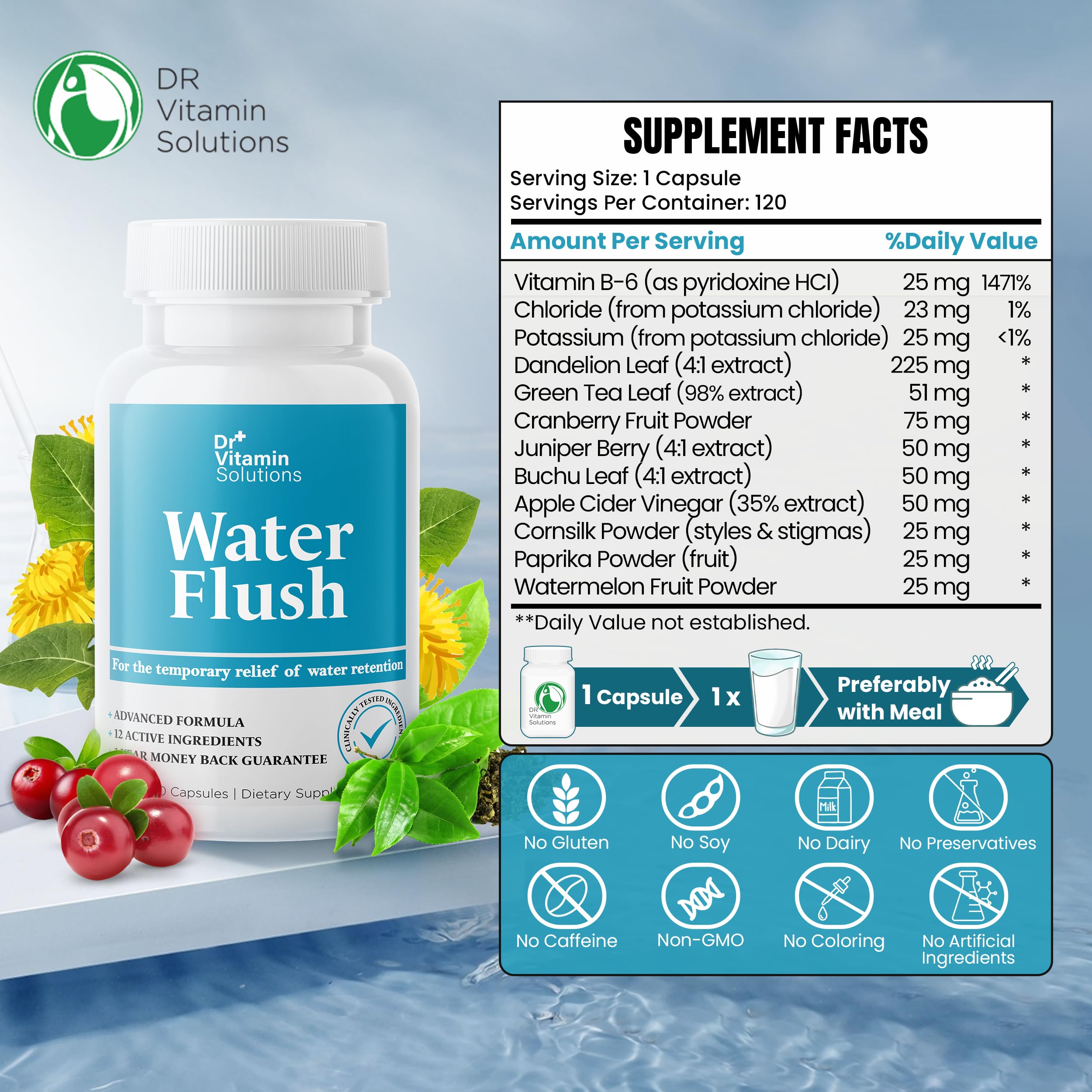 Close-up of the DR VITAMIN SOLUTIONS water pills bottle