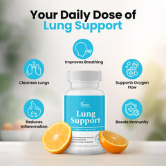 Close-up of bottle label highlighting 10-in-1 lung support formula