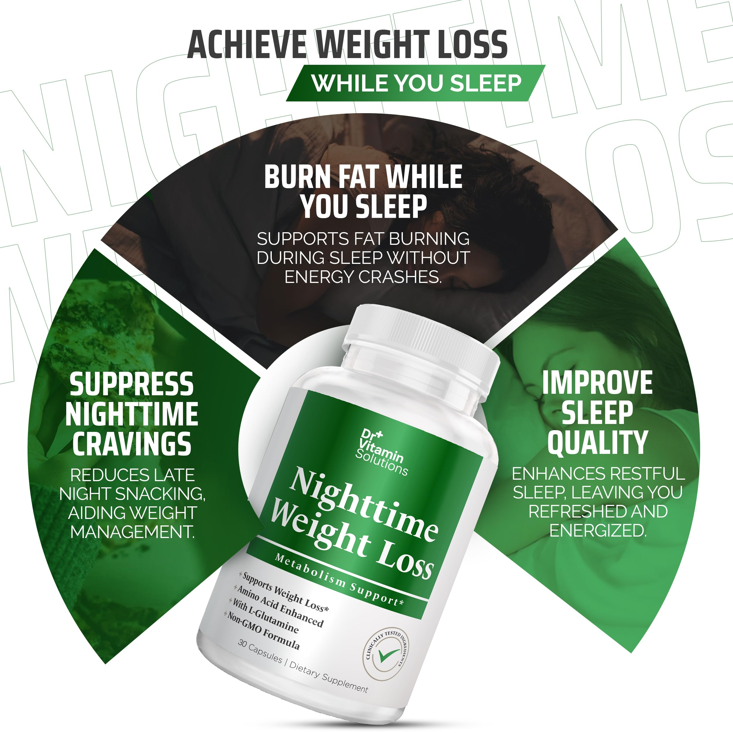 Front view of Dr Vitamin Solutions Nighttime Fat Burner packaging