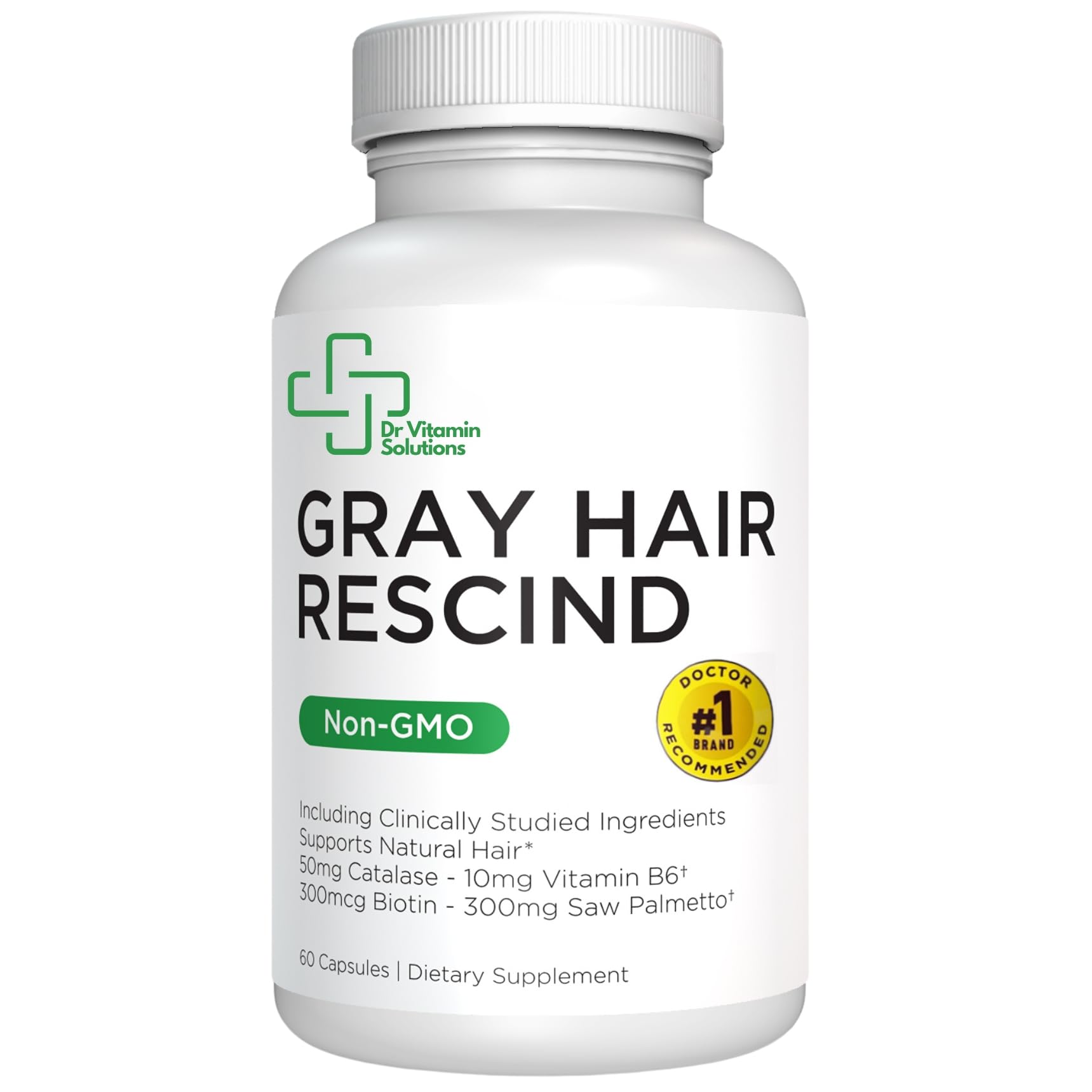 Product packaging and bottle of DR Vitamin Solutions Gray Hair Rescind