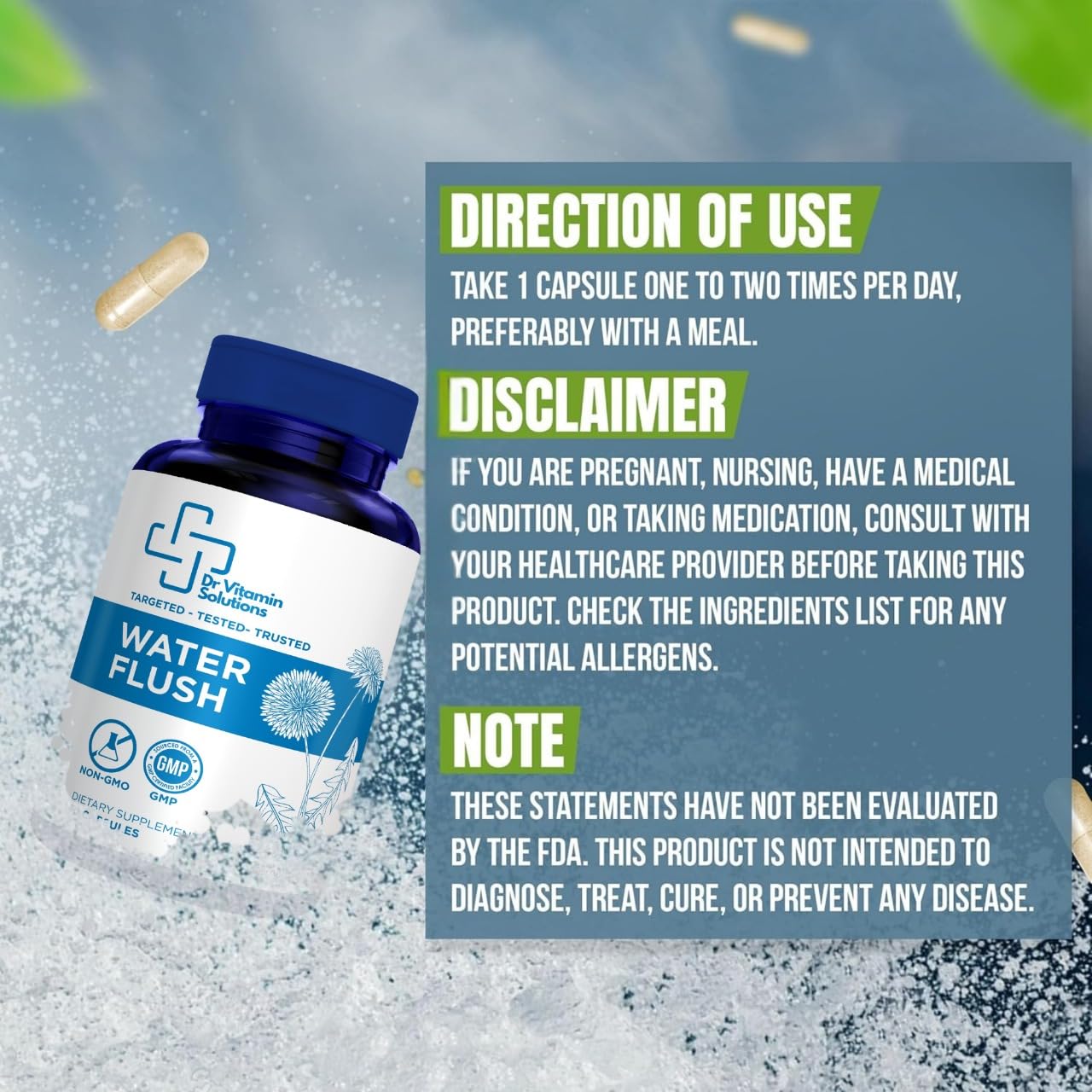 DR VITAMIN SOLUTIONS Water Flush travel-size bottle pictured for on-the-go support