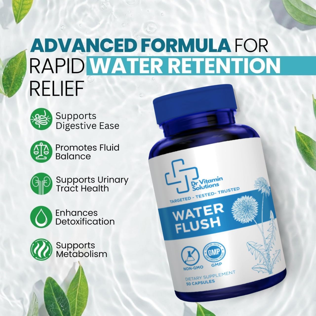 DR VITAMIN SOLUTIONS Water Flush ingredients dandelion root highlight natural diuretic blend for balance