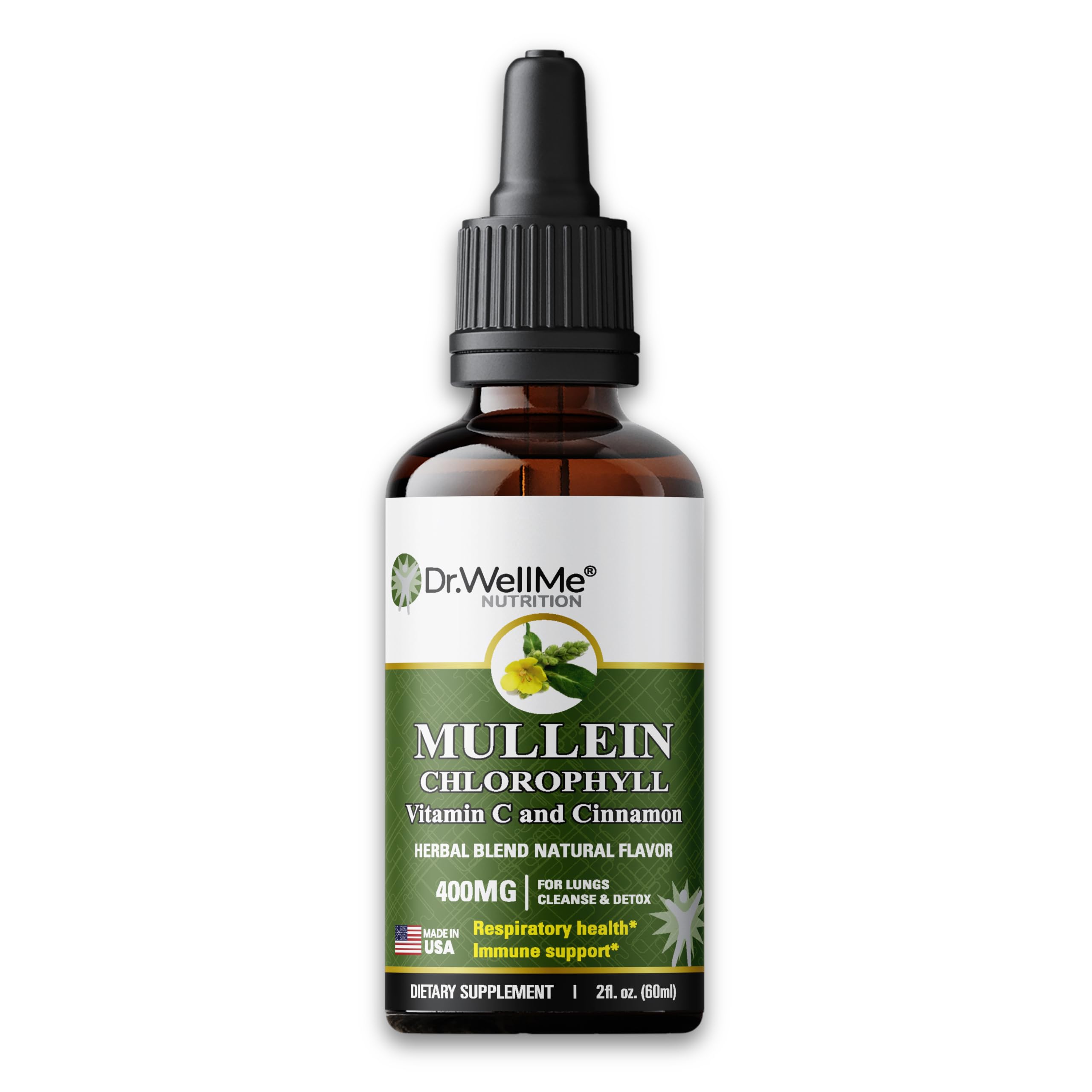 Bottle of Dr.WellMe Mullein Chlorophyll 2 fl oz liquid drops with dropper