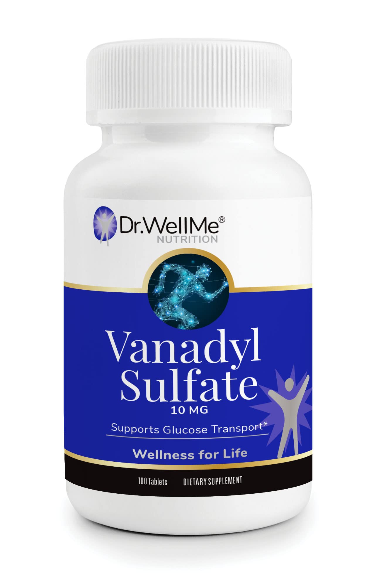 Bottle of Dr. WellMe Vanadyl Sulfate 10mg containing 100 tablets