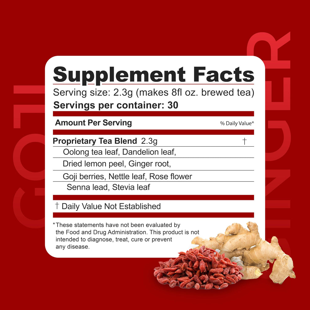 Dr. Zisman ZT Slimming Tea goji-ginger sachet close-up suggests easy daily ritual.