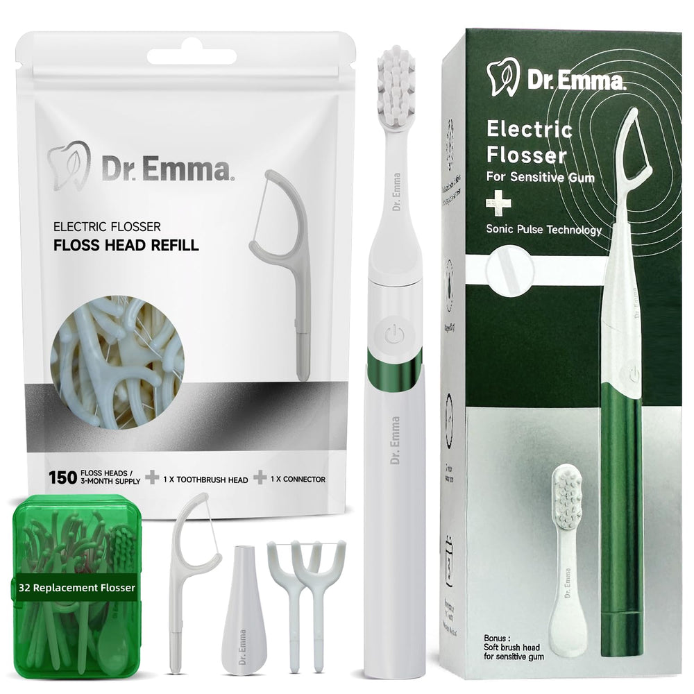 Dr Emma Electric Vibration Flosser with 150 replaceable floss picks and packaging