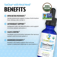 Close-up of VaxClear Metal Mend liquid drops bottle showing label