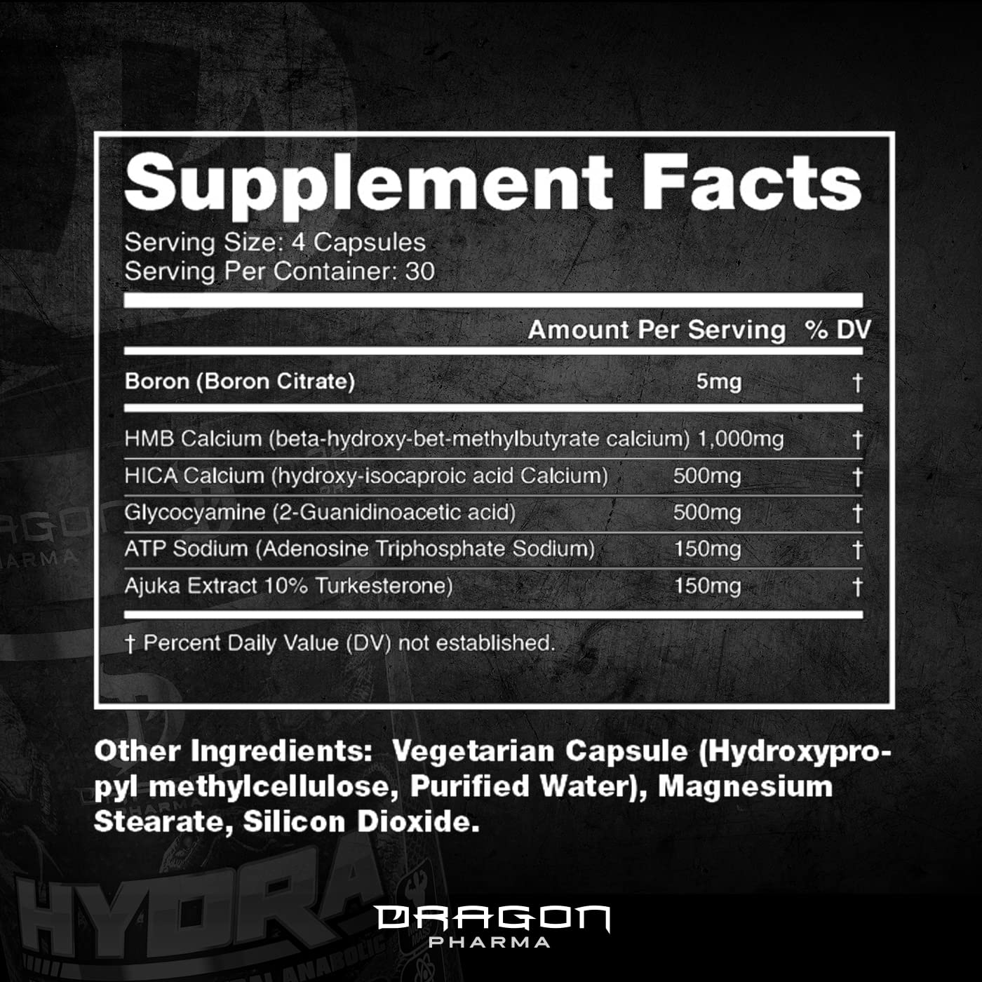 Dragon Pharma Hydra label detail emphasizes research-backed ingredients.