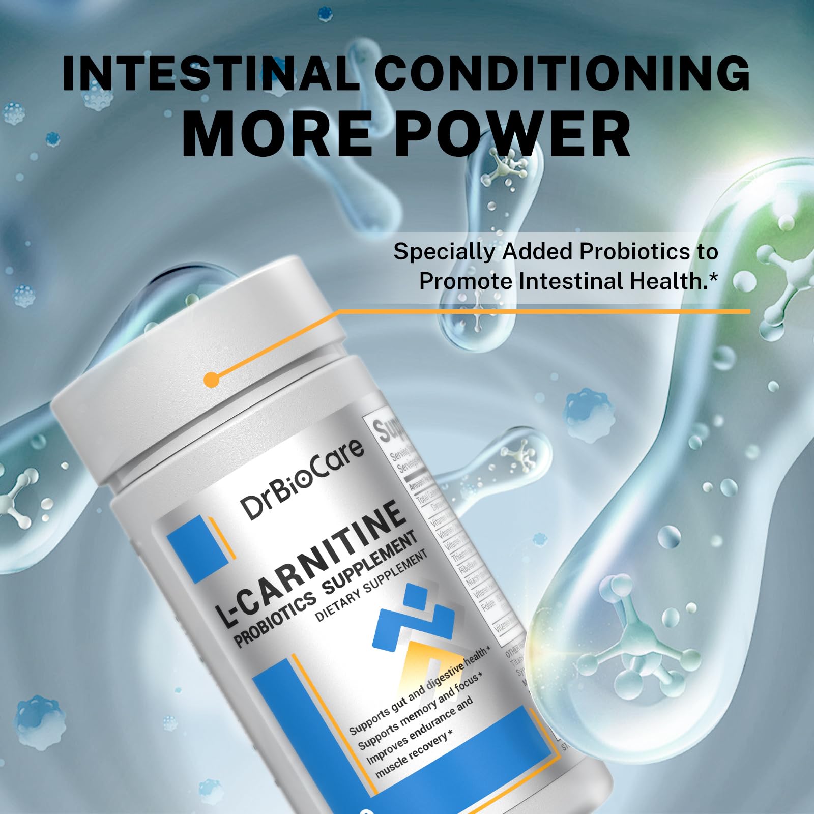 DrBioCare L-Carnitine Probiotics with B-complex vitamins for daily nutritional support.