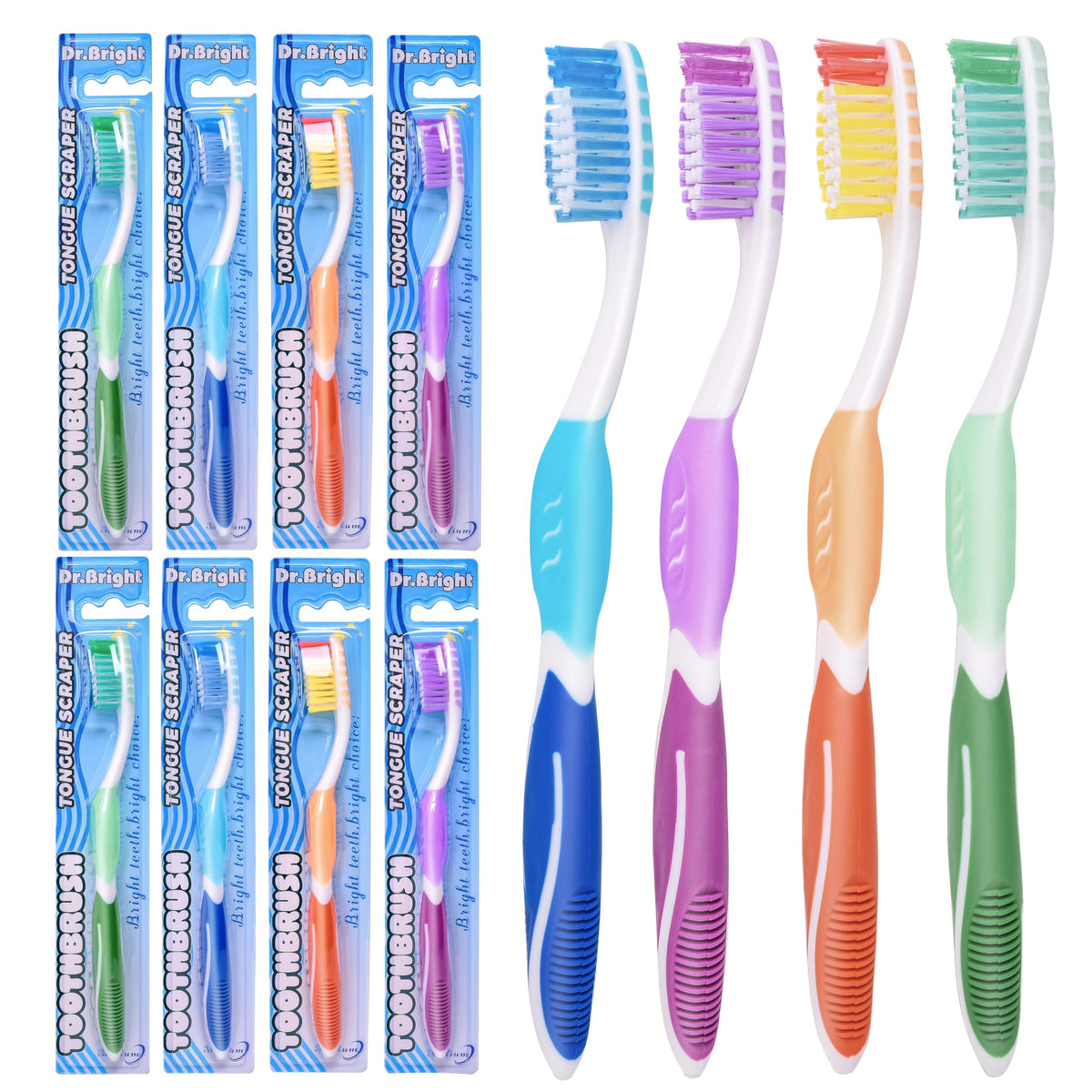 DR.BRIGHT Medium Toothbrush for Adults in assorted colors, 8 pack