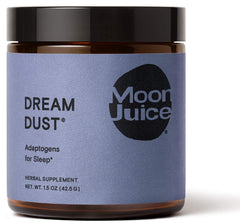 Dream Dust by Moon Juice jar label featuring Ashwagandha, Jujube, Polygala, Chamomile & Schisandra