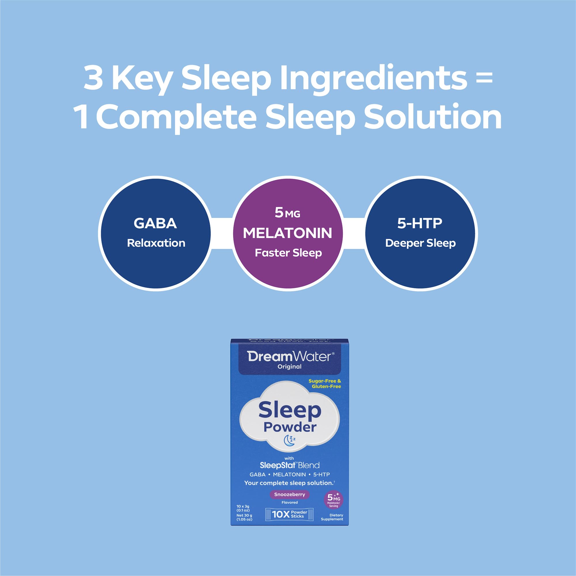 Close-up of Dream Water Sleep Powder sticks with GABA, melatonin and 5-HTP