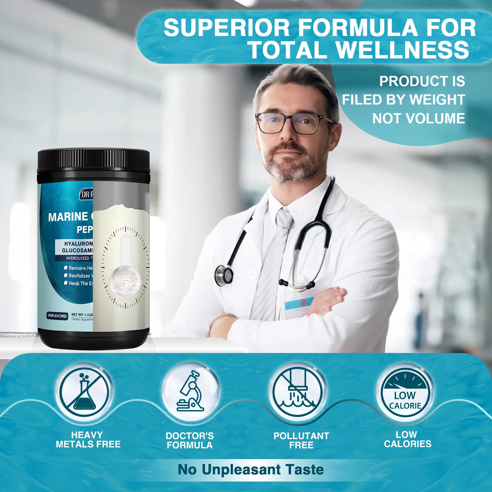 Scooping collagen powder into a beverage