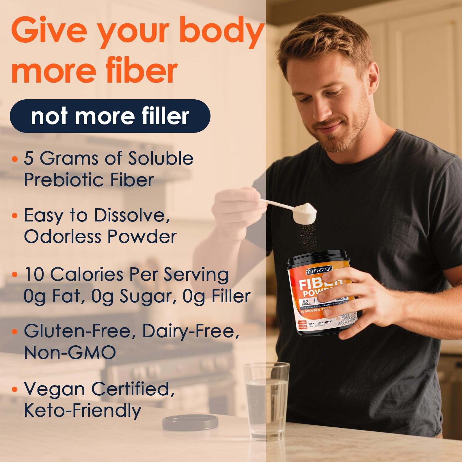 Dissolved soluble fiber powder in water showing clear mix