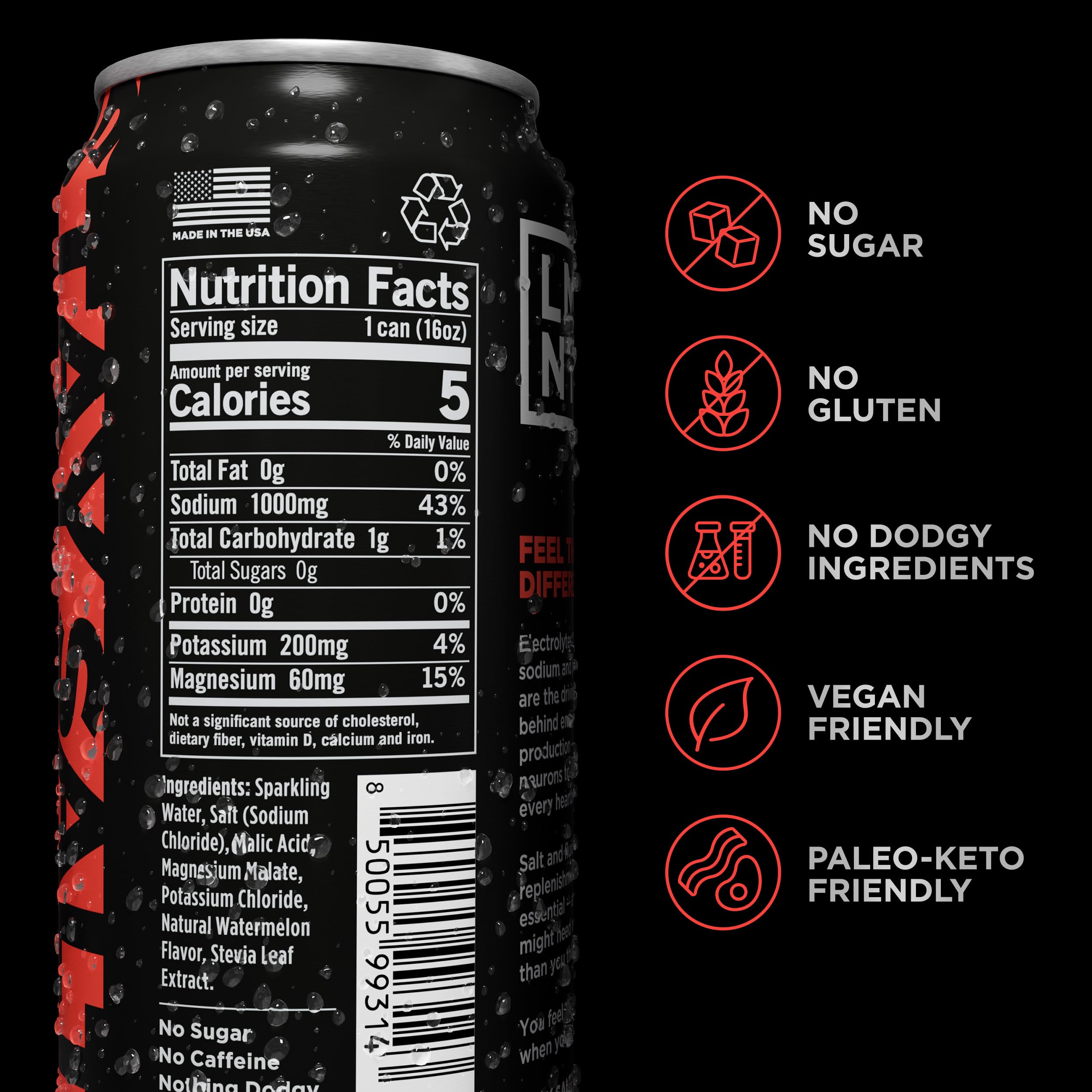 Close-up of LMNT Sparkling can label showing zero sugar and caffeine