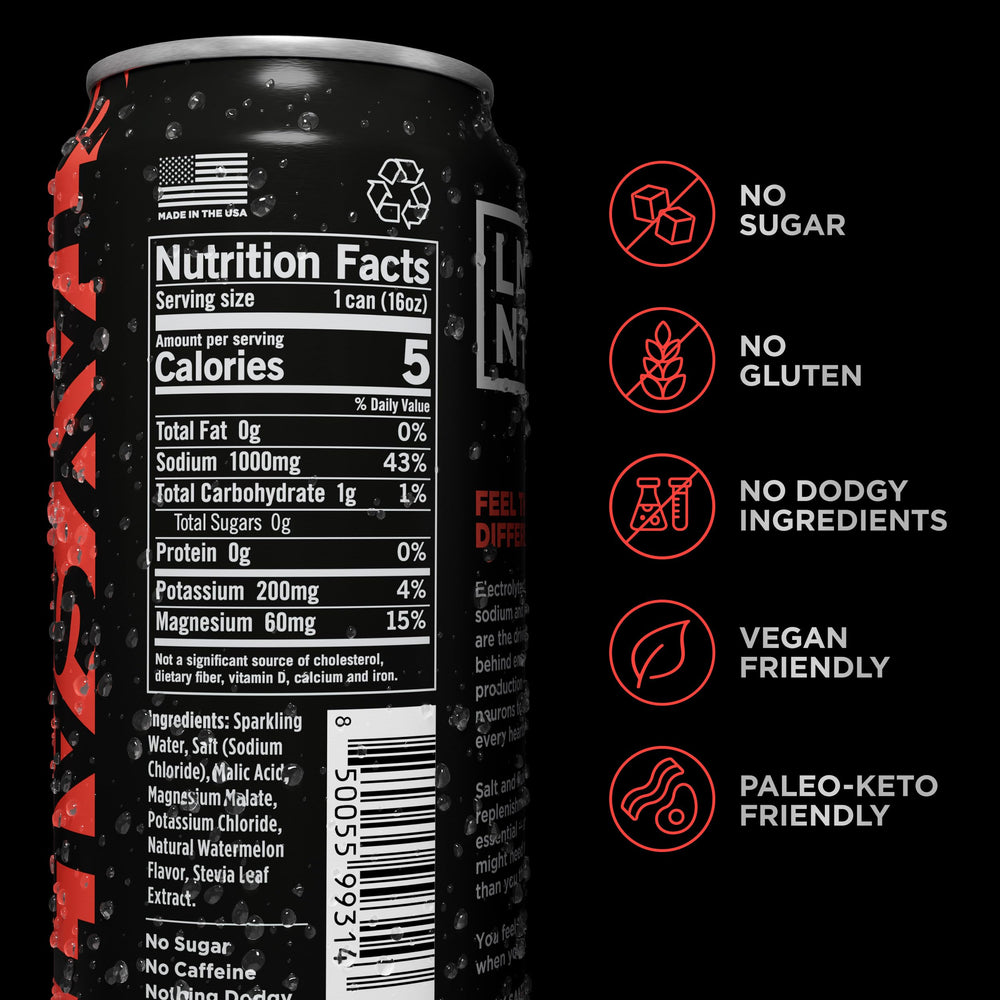 Close-up of LMNT Sparkling can label showing zero sugar and caffeine