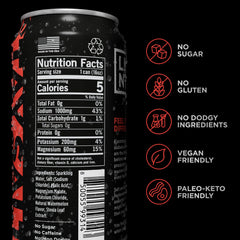 Close-up of LMNT Sparkling can label showing zero sugar and caffeine