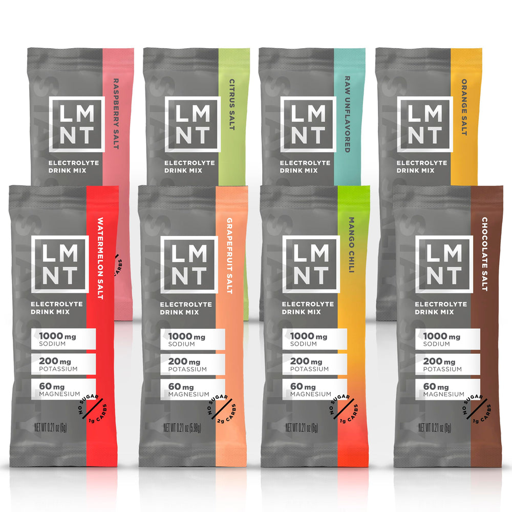 LMNT Zero Sugar Electrolytes Sample Pack 8-count box front view