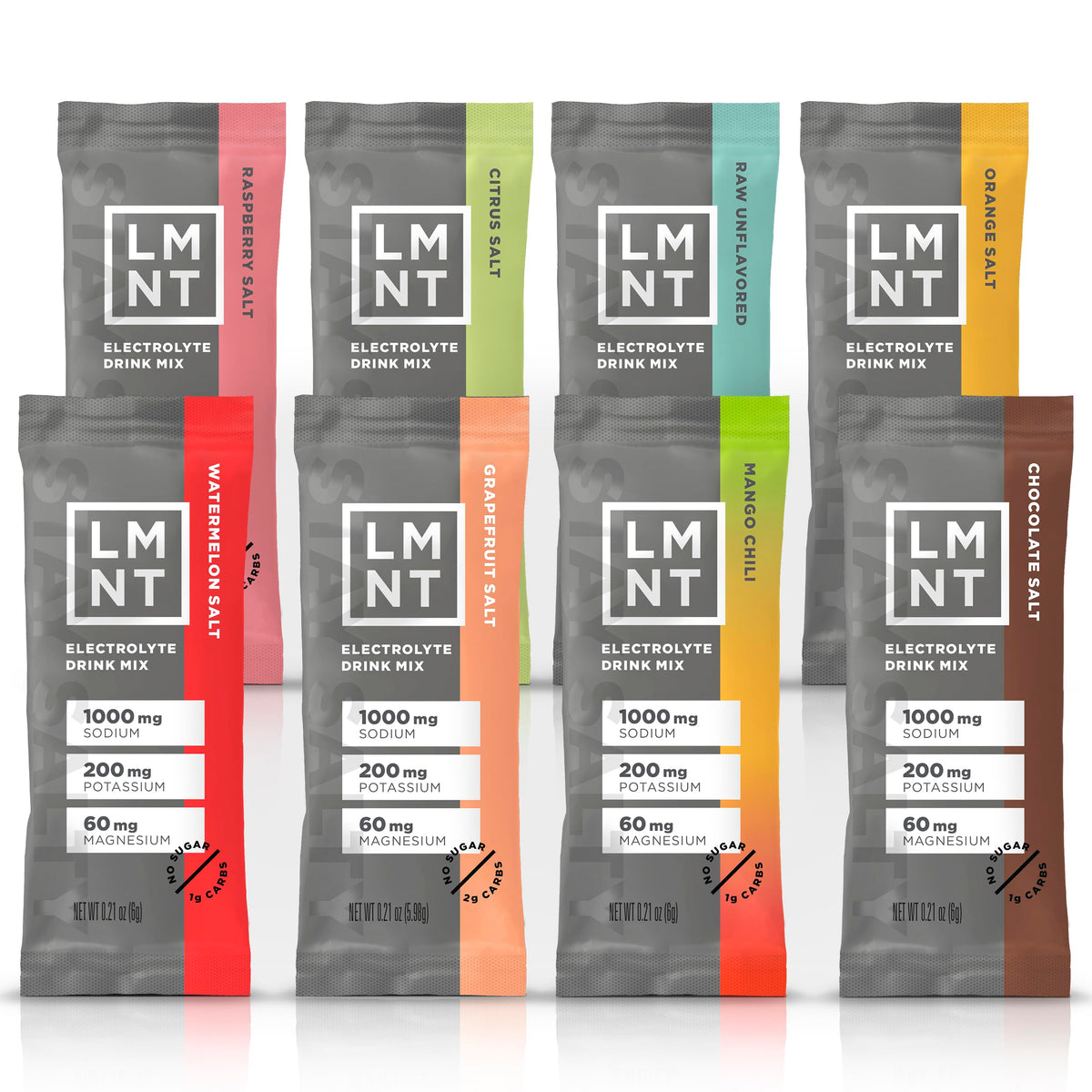 LMNT Zero Sugar Electrolytes Sample Pack 8-count box front view