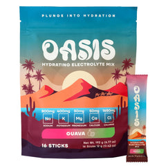 Drink Oasis guava electrolyte powder sticks for on-the-go hydration.