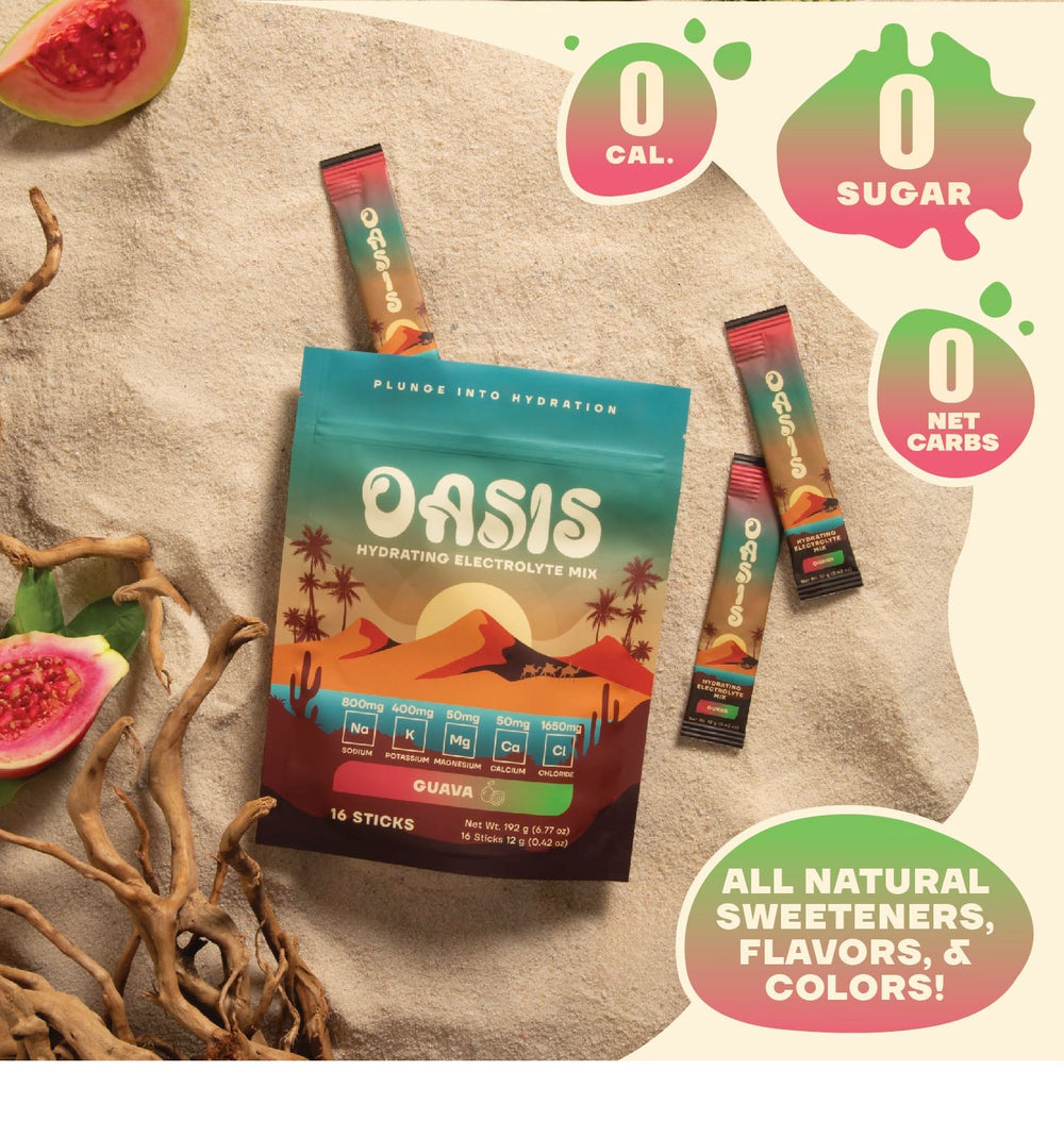 Drink Oasis powder being mixed for refreshing hydration during workouts.