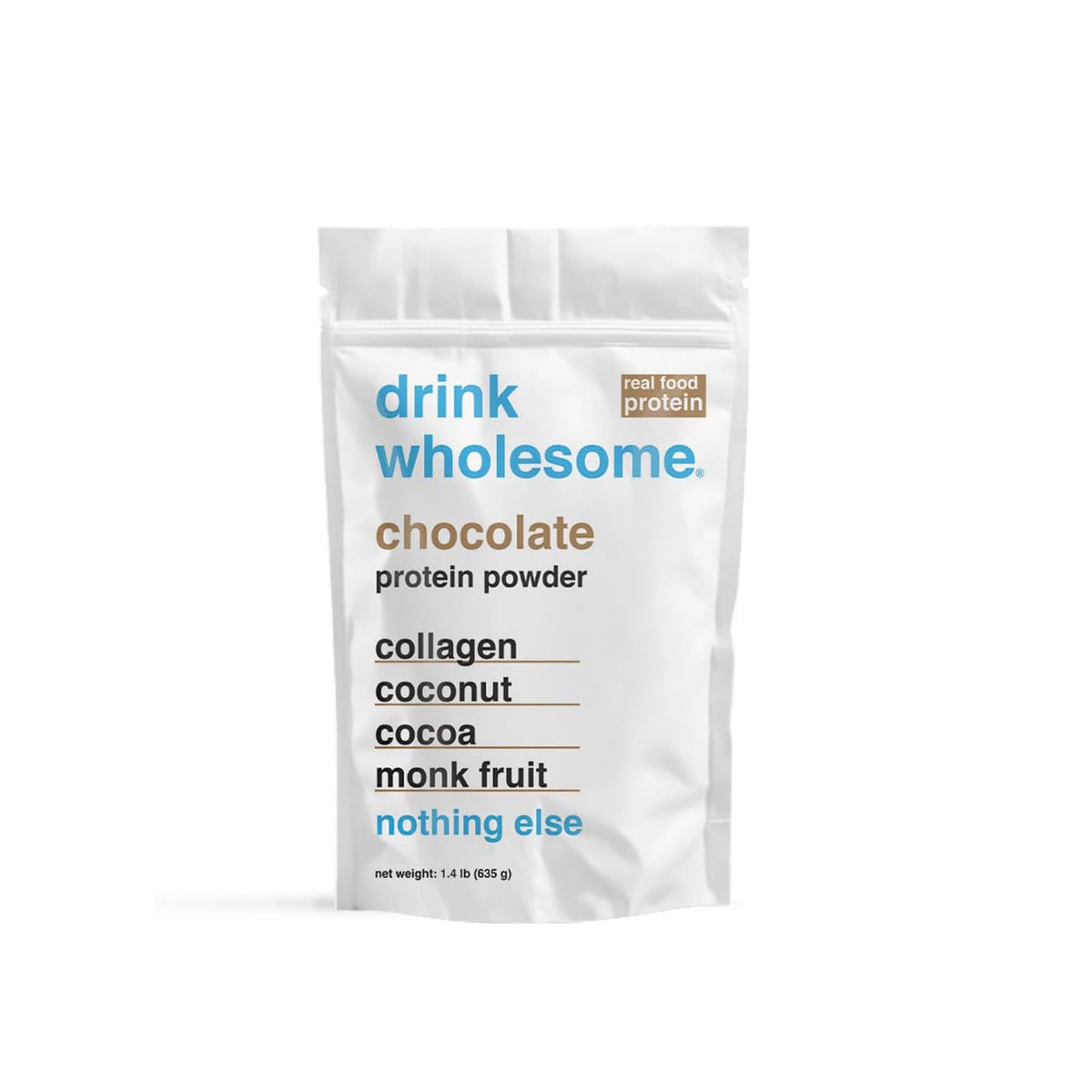 Drink Wholesome Chocolate Collagen Powder bottle for gentle digestion and daily protein support