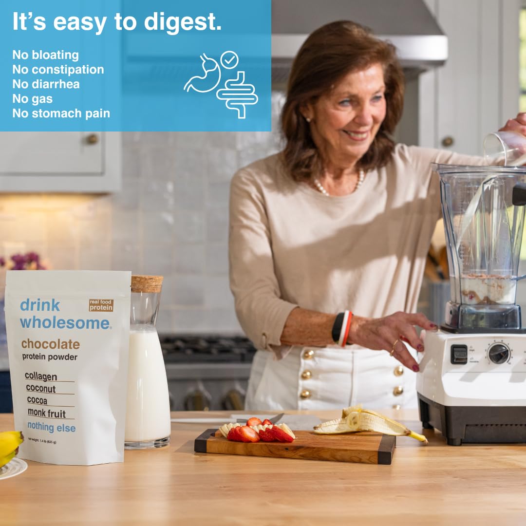 Drink Wholesome Chocolate Collagen Powder pour glass showing easy-mix for sensitive stomachs