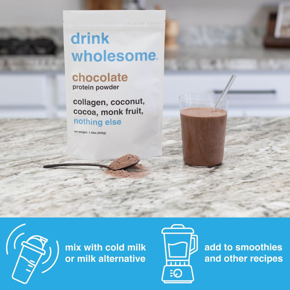 Drink Wholesome Chocolate Collagen Powder scoop with measuring lines for precise gut-friendly servings