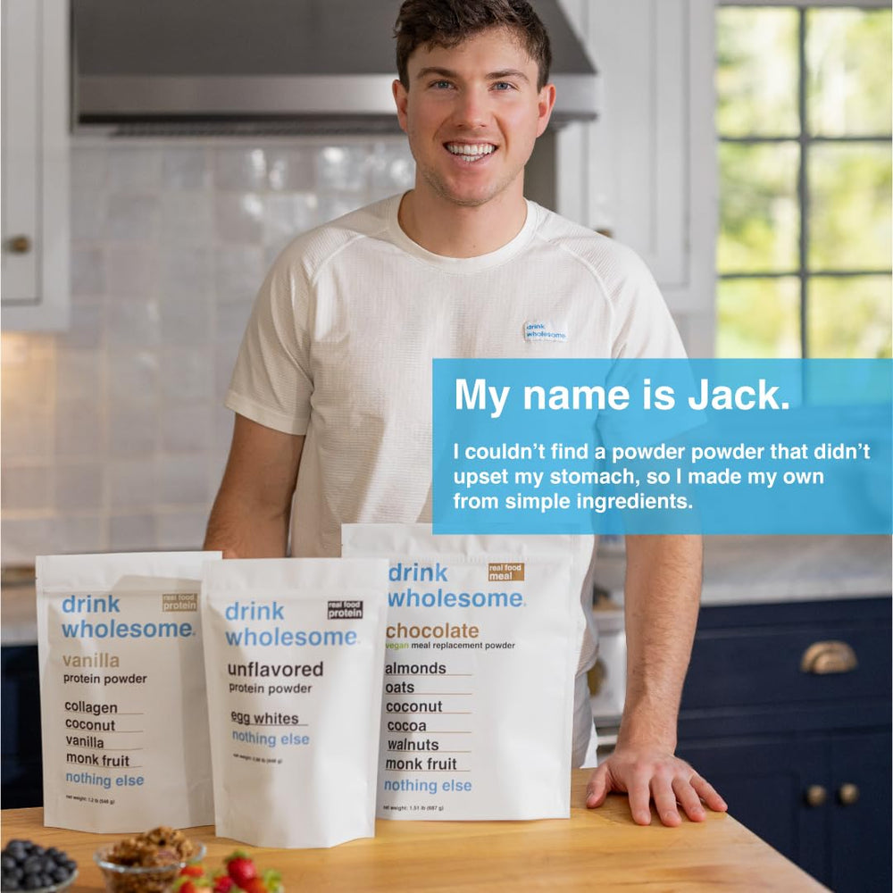 Close-up of dairy-free ingredients in Drink Wholesome formula for sensitive digestion