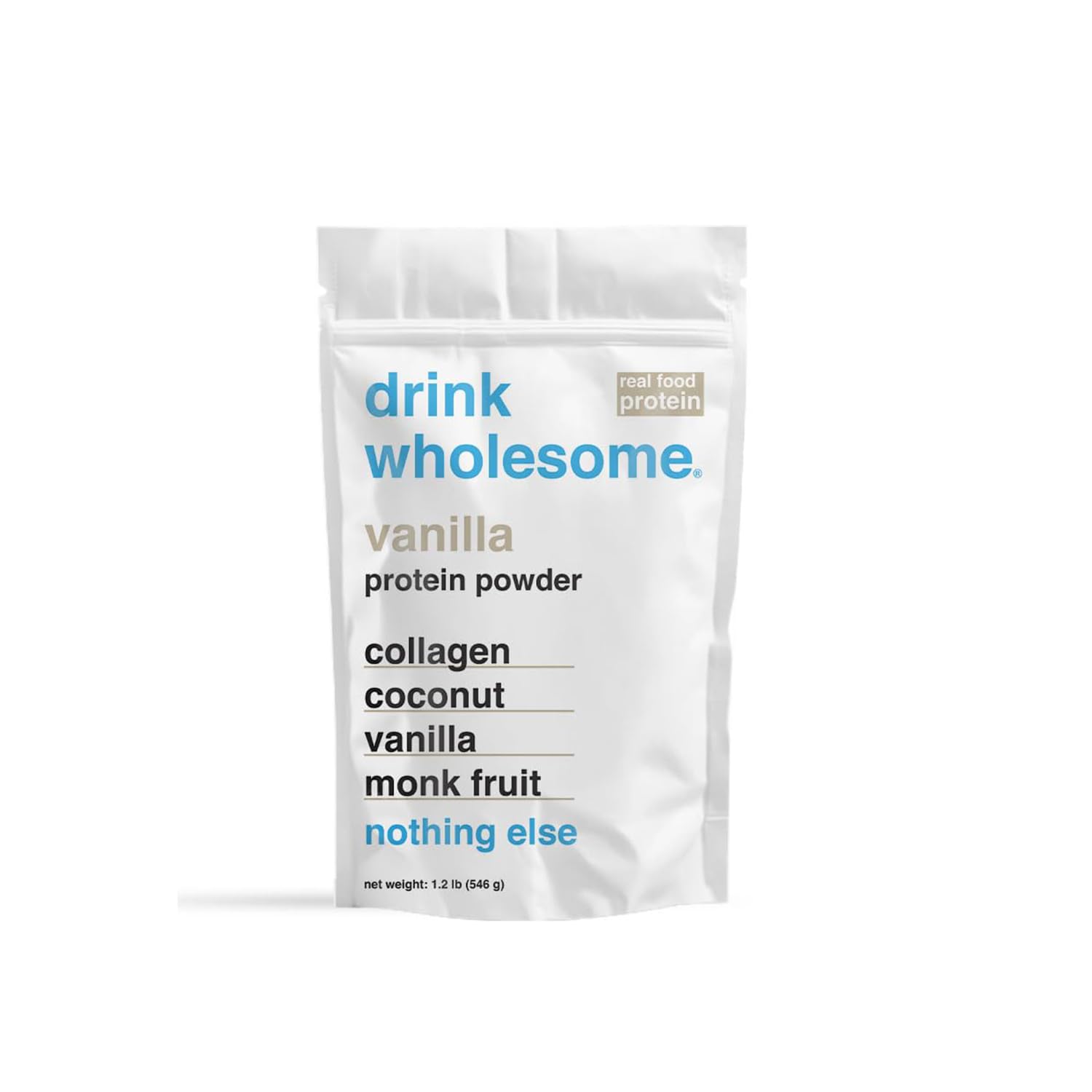 Drink Wholesome vanilla collagen powder canister for gut-friendly shakes