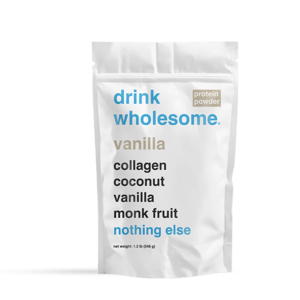 Drink Wholesome vanilla collagen powder canister for gut-friendly shakes