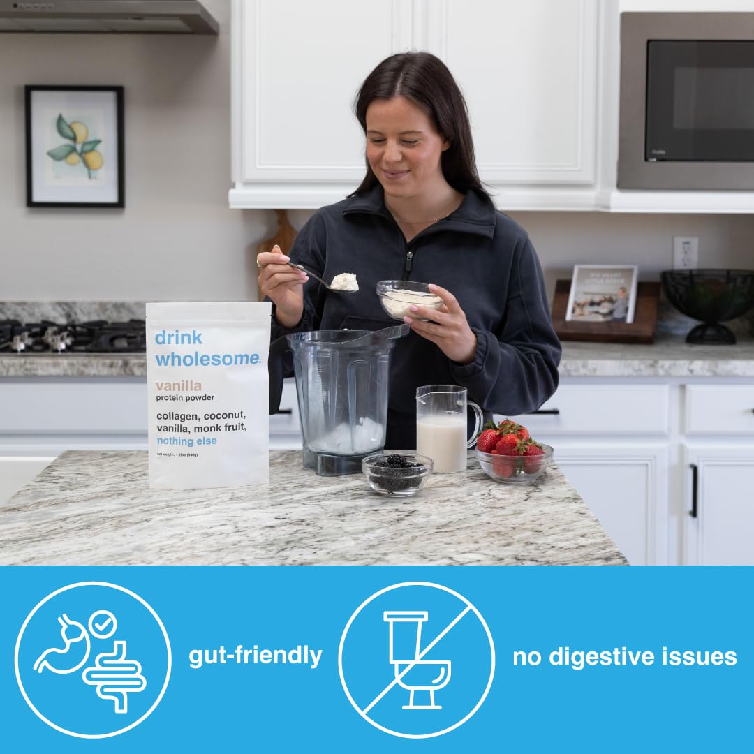 Glass of vanilla collagen shake by Drink Wholesome for smooth digestion