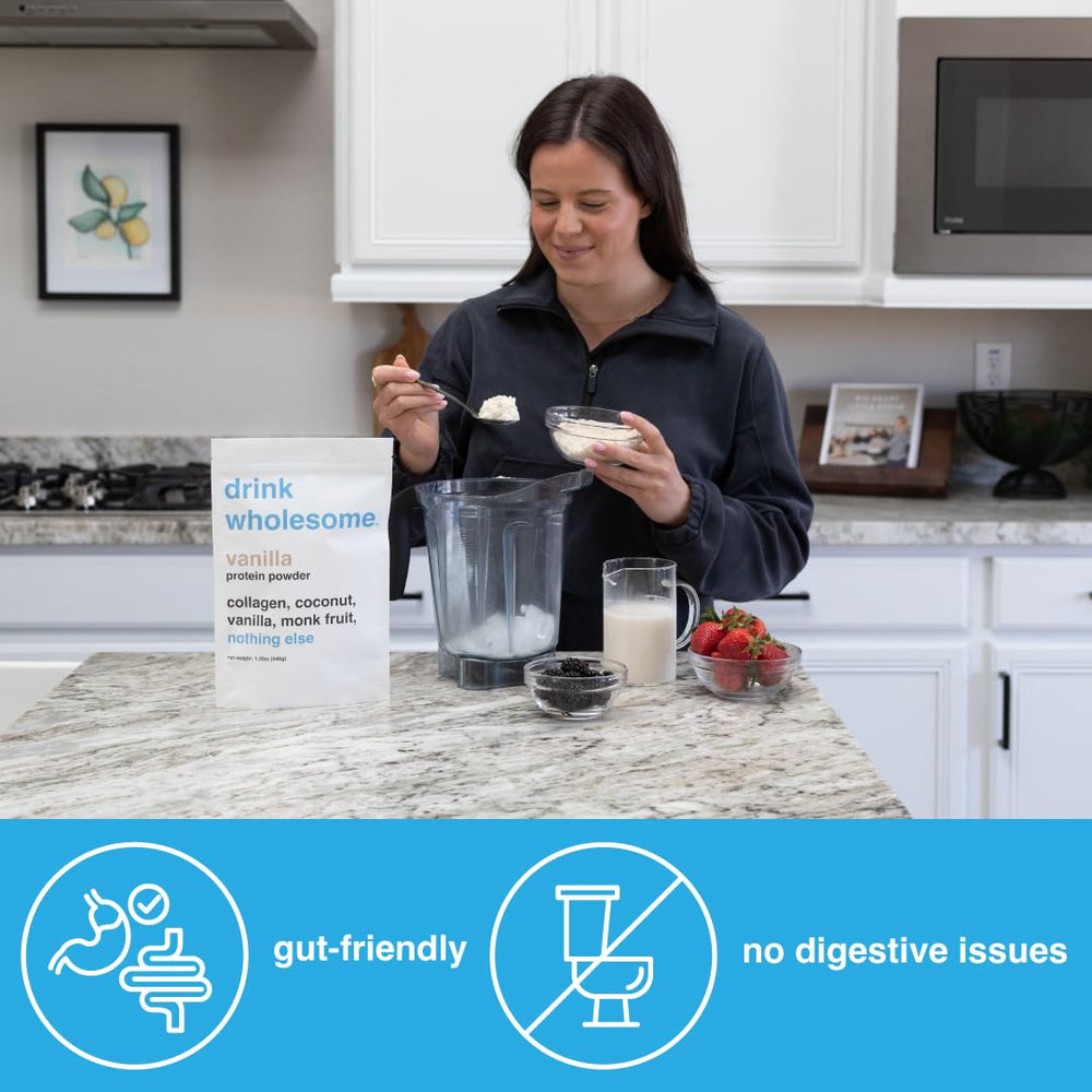 Glass of vanilla collagen shake by Drink Wholesome for smooth digestion
