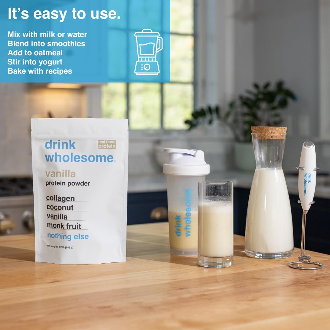 Glass of vanilla collagen shake by Drink Wholesome for smooth digestion