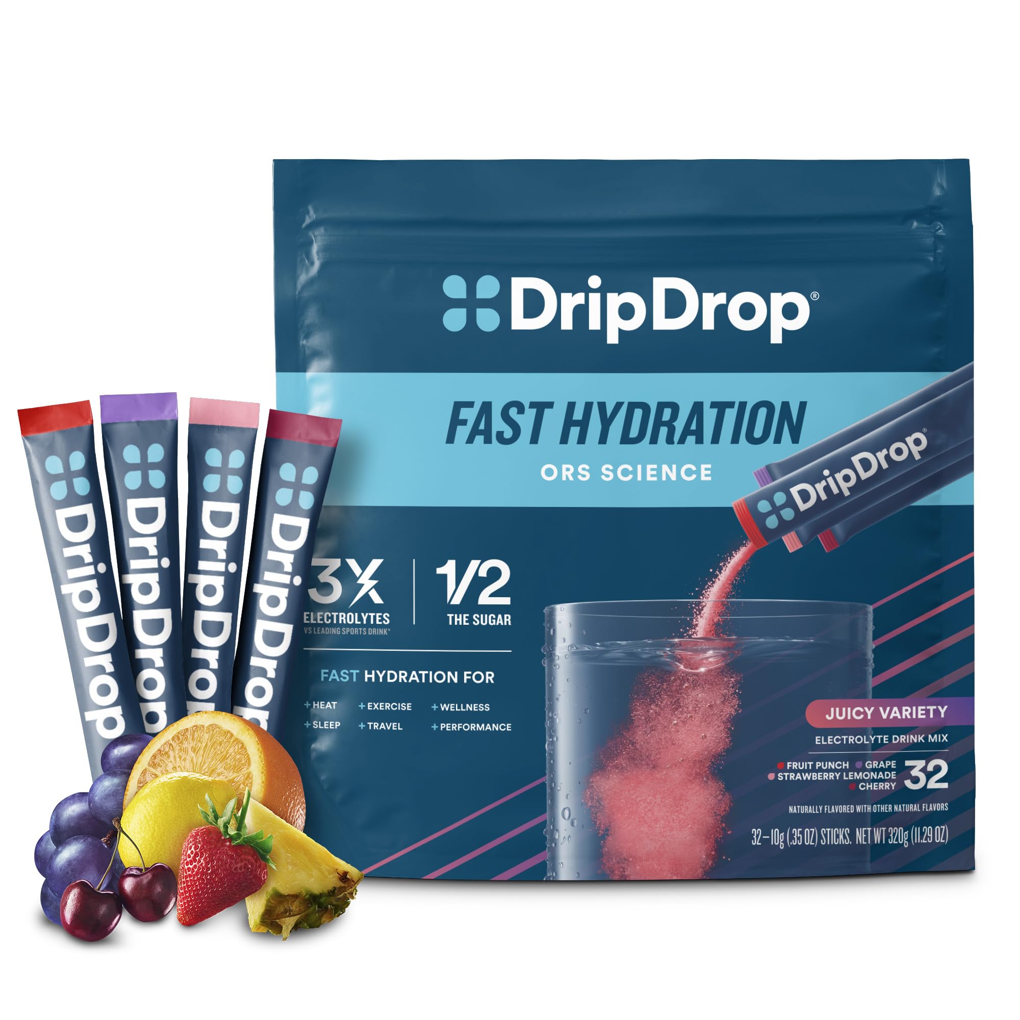 DripDrop Juicy Variety Pack 32 single-serve electrolyte packets on white background