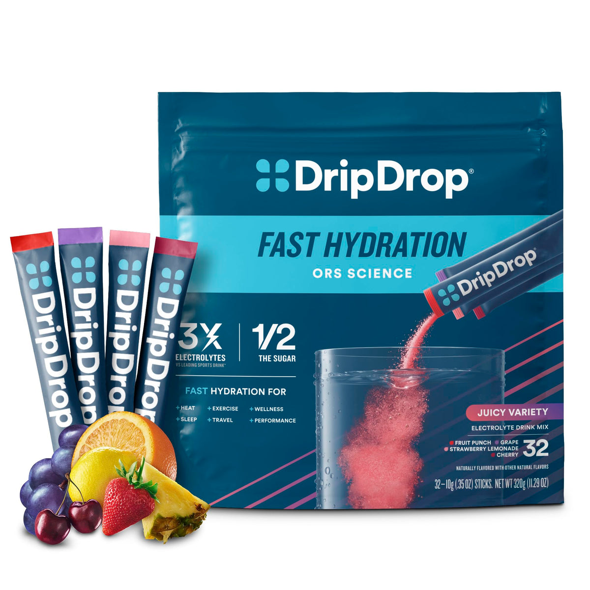 DripDrop Juicy Variety Pack 32 single-serve electrolyte packets on white background