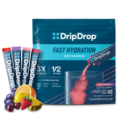 DripDrop Juicy Variety Pack 32 single-serve electrolyte packets on white background