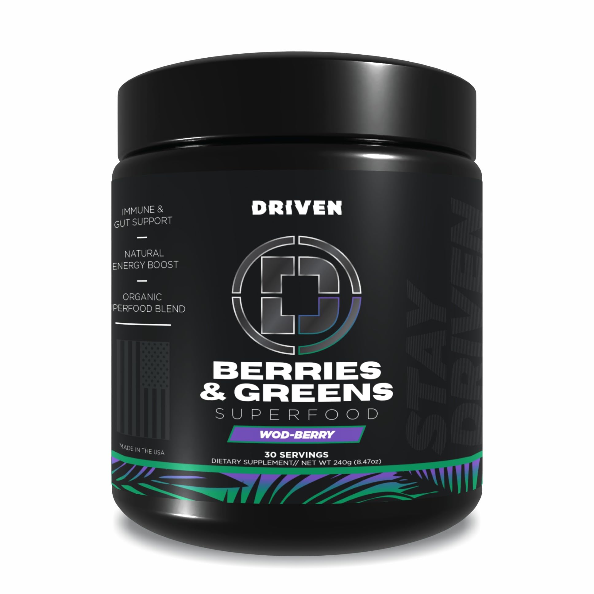 Front view of Driven B&G Berries & Greens powder jar